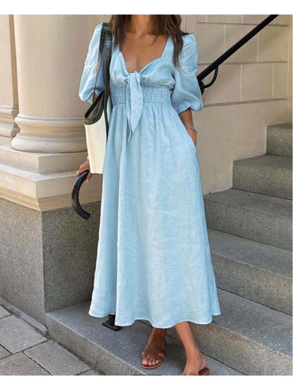 Commense Tie Front Smocked Waist Midi Dress XS Puff Sleeve Pockets Euro Tradwife